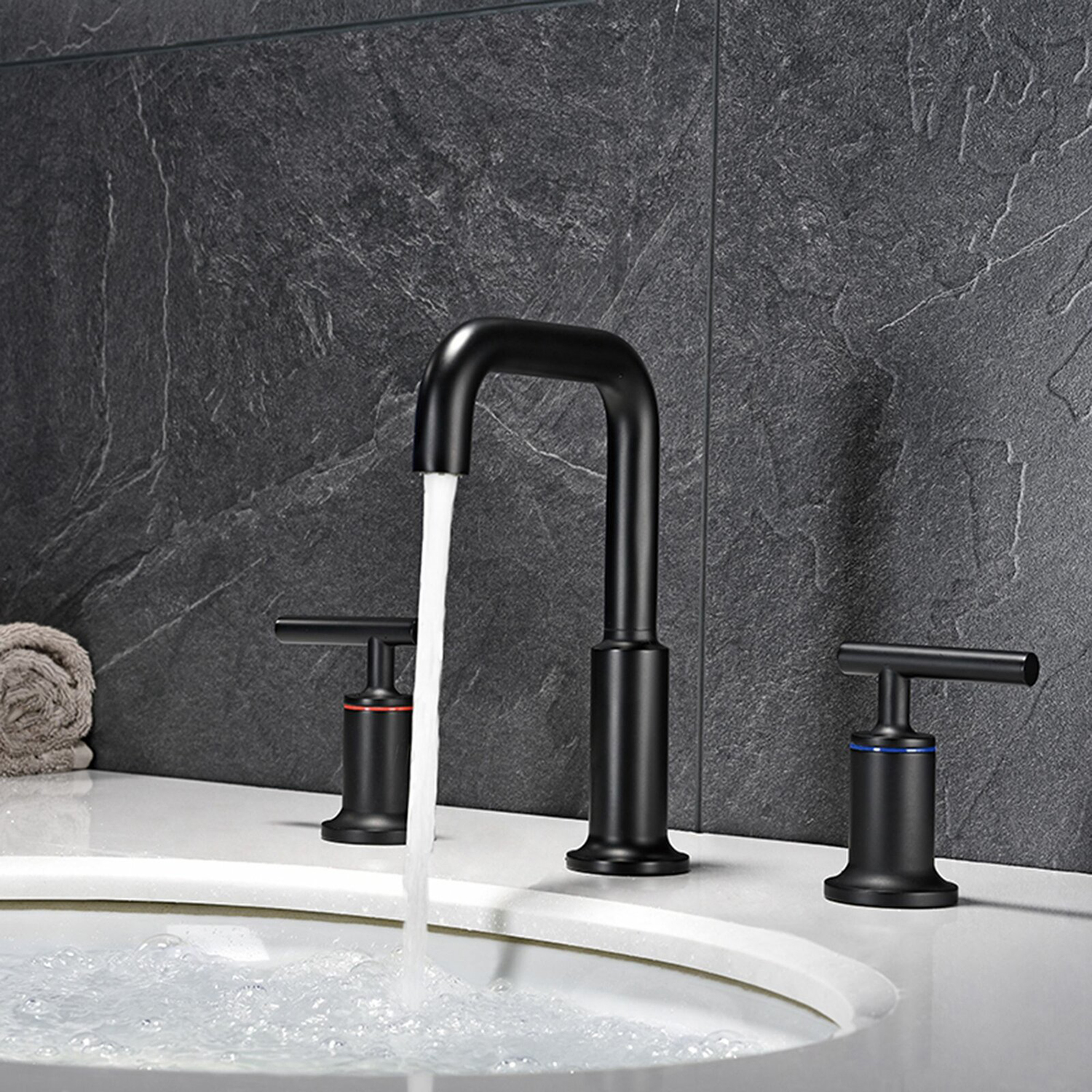 Aquacubic High Arc twee handgrepen wijdverspreide zwarte badkamer wastafel kraan 3 gat met pop-up afvoer