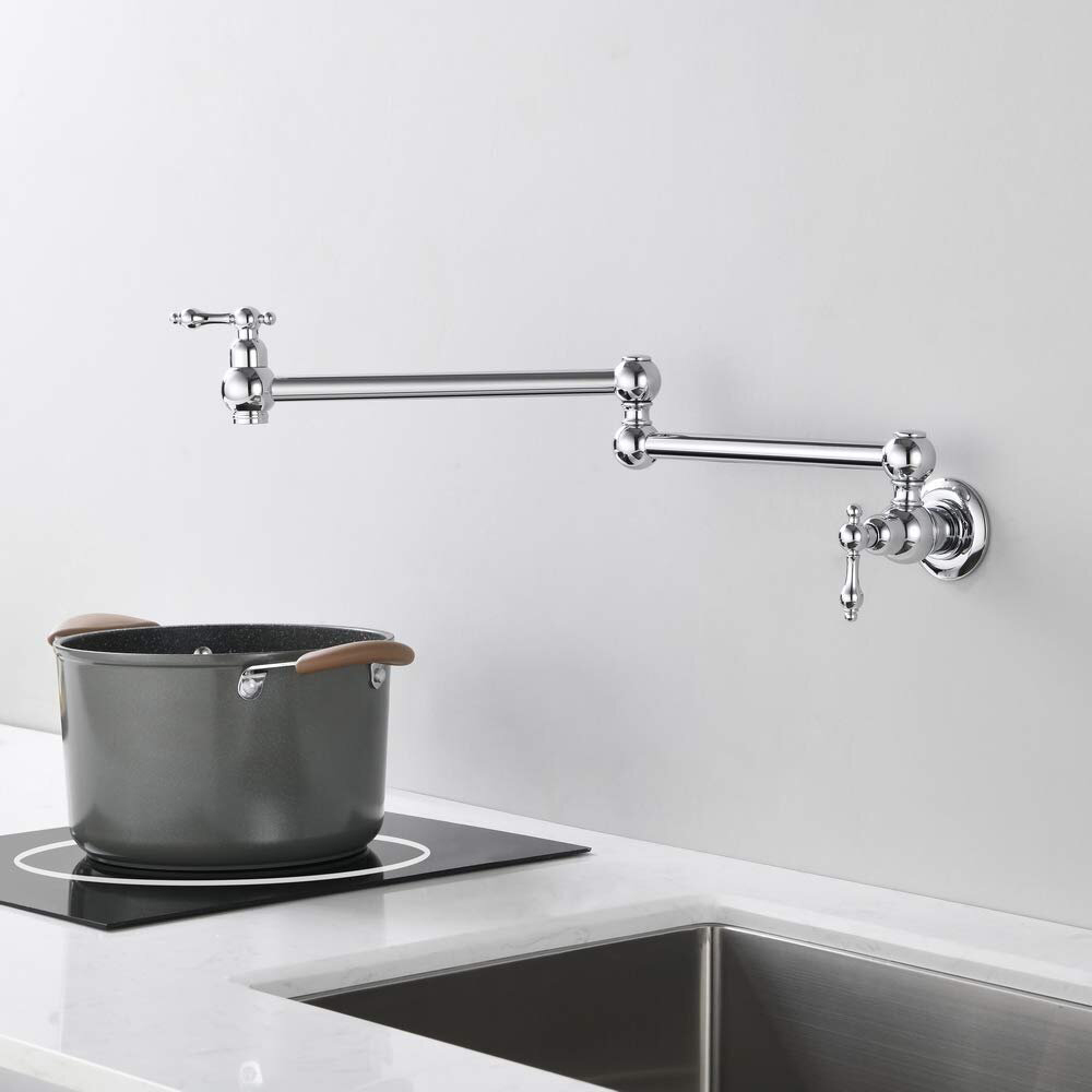 Aquacubic Pot Filler Kraan, Massief Messing Commerciële Wandmontage Keuken Fornuis Kraan Met Gepolijst Chroom Afwerking, Opvouwbare Restaurant Wastafel Kraan Met Dubbele Gezamenlijke Zwenkarm & 2 Handgrepen